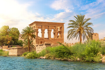 Philae island in the Nile and Trajan's Kiosk, Aswan, Egypt