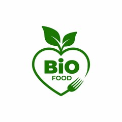 Bio food logo template. Healthy organic food symbol. Love bio food label. Green heart with leaf and fork.