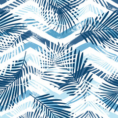 Tropical pattern, palm leaves seamless vector floral background. Exotic plant on blue chevron stripes print. Summer nature watercolor zigzag lines jungle print