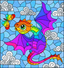 Obraz na płótnie Canvas Stained glass illustration with bright rainbow cartoon dragon against a cloudy blue cloudy sky, rectangular image