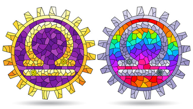 Illustration in the style of a stained glass window with a set of zodiac signs gemini, figures isolated on a white background