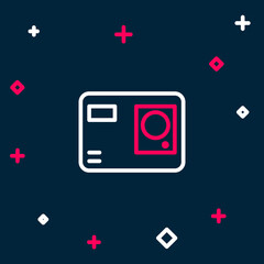 Line Action extreme camera icon isolated on blue background. Video camera equipment for filming extreme sports. Colorful outline concept. Vector