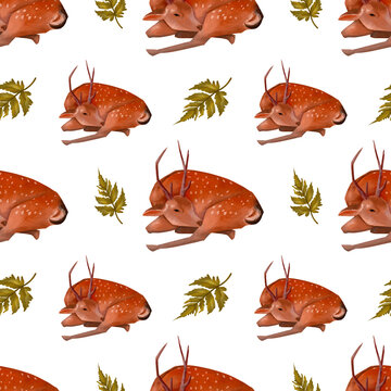 Seamless pattern for children's textiles with natural motives. It depicts a deer and plants.