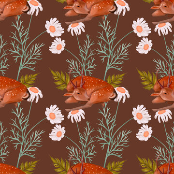 Seamless pattern for children's textiles with natural motives. It depicts a deer and plants.