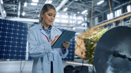 Female Engineer Uses Tablet Computer while Working on Satellite Construction. Aerospace Agency Manufacturing Facility: Scientists Build, Assemble Spacecraft for Space Exploration, Observation Mission © Gorodenkoff
