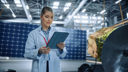 Female Engineer Uses Tablet Computer while Working on Satellite Construction. Aerospace Agency Manufacturing Facility: Scientists Build, Assemble Spacecraft for Space Exploration, Observation Mission