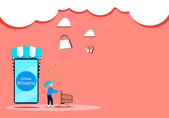 Concept online shopping. woman pushing shopping cart with phone and gift box. Vector flat paper art design. Illustration for content online, marketing, shop, digital, media, web, seal, buy, happy  © Яe Life Яe World