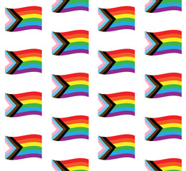 Vector seamless pattern of flat cartoon new lgbt lgbtq+ rainbow flag isolated on white background