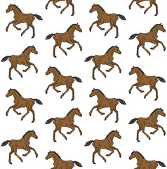 Vector seamless pattern of colored hand drawn doodle sketch horse foal isolated on white background