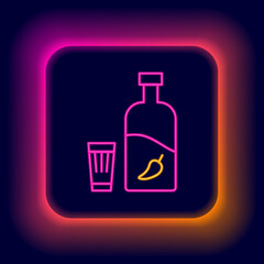 Glowing neon line Vodka with pepper and glass icon isolated on black background. Ukrainian national alcohol. Colorful outline concept. Vector