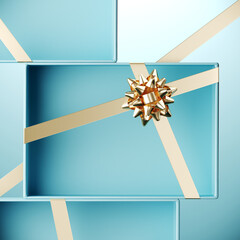 Minimal product background for Christmas, New year and sale event concept. Blue gift box with golden ribbon bow on blue background. 3d render illustration. Clipping path of each element included.