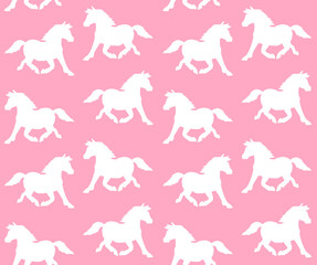 Vector seamless pattern of white hand drawn pony horse silhouette isolated on pink background