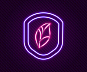 Glowing neon line Shield with leaf icon isolated on black background. Eco-friendly security shield with leaf. Colorful outline concept. Vector