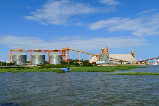 Silos for soy and bran storage at the port of the Amazon city of Santar&eacute;m, state of Par&aacute;, Brazil.