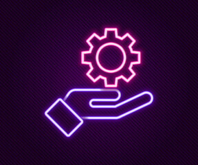 Glowing neon line Settings in the hand icon isolated on black background. Colorful outline concept. Vector