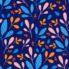 A bright seamless pattern with a floral botanical pattern: pink, blue and orange plants on a dark blue background. - 439165526