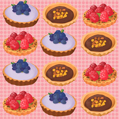 Retro style pattern: three different cakes with berries and chocolate on a pink background. A nice bright picture, an illustration for the menu, a postcard, a background on a culinary theme. - 439165538