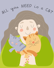 Woman with long brown hair holding a red and a gray cat in her arms. Vector illustration in cartoon style. Suitable for printing postcards, posters, flyers. For web design.