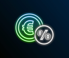 Glowing neon line Money coin with percent icon isolated on black background. Cash Banking currency sign. Colorful outline concept. Vector