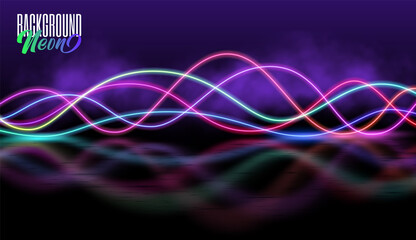 Abstract background with blurred magic neon light lines. High-speed abstraction. Shining blue fine lines. Energy waves. Purple, red, blue. Sound wave. Equalizer visualization effect.