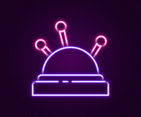 Glowing neon line Needle bed and needles icon isolated on black background. Handmade and sewing theme. Colorful outline concept. Vector