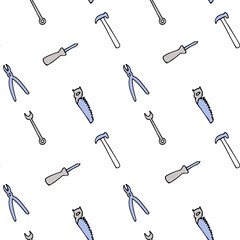 Seamless pattern with repair tools: screwdriver, pliers, saw, hammer, adjustable wrench. Design for wallpaper and wrapping, fabric and textile.