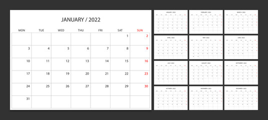 Calendar 2022 week start Monday corporate design planner template.