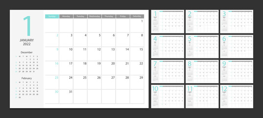 Calendar 2022 week start Sunday corporate design planner template.