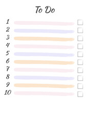 To Do list. Numbered list with checkbox and watercolor lines in pastel colors. - obrazy, fototapety, plakaty