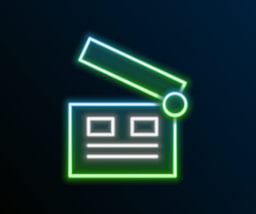 Glowing neon line Movie clapper icon isolated on black background. Film clapper board. Clapperboard sign. Cinema production or media industry. Colorful outline concept. Vector