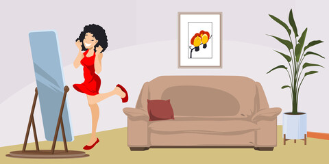 Happy girl in front of mirror. Successful shopping. Illustration for internet and mobile website.