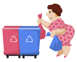 Girl near garbage container. Woman beside trash can. Illustration for internet and mobile website.