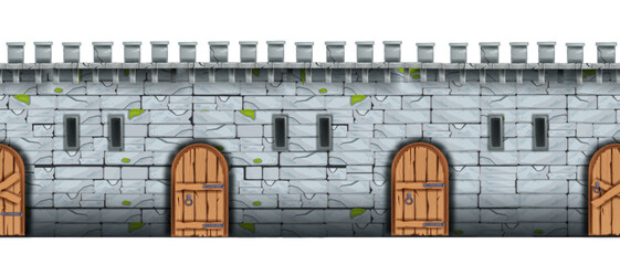 Brick castle wall, vector seamless stone texture, medieval palace fortification, wooden door, loopholes. Old architecture background, fortress game illustration. Castle wall exterior design, city gate © Oleksandra