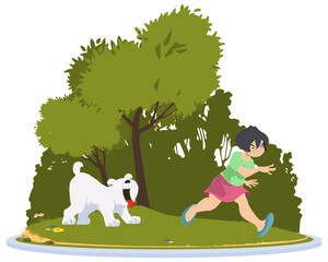 Scared girl runs away from dog. Illustration for internet and mobile website.