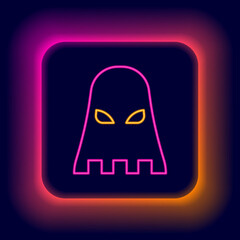Glowing neon line Executioner mask icon isolated on black background. Hangman, torturer, executor, tormentor, butcher, headsman icon. Colorful outline concept. Vector