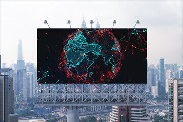 World planet Earth map hologram on billboard over panorama city view of Kuala Lumpur, Malaysia, Asia. The concept of international connections and business.