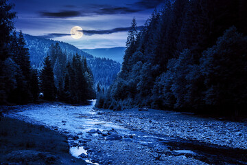 Fototapeta na wymiar mountain river landscape in summer. wonderful nature scenery at night. clouds rolling over the distant hill in full moon light. trees along the stream in the valley. weather with blue sky