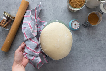 Cinnamon roll dough risen almost overflown from a bowl and ready to be handled.