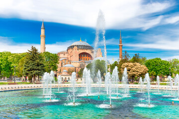 Hagia Sophia mosque, church, cathedral with fountains in Istanbul, Turkey