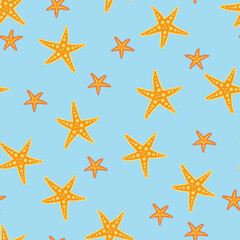 Fototapeta na wymiar Seamless pattern of scattered starfish yellow stars on a light blue textured background. Vector illustration for textiles, kids, swimwear, beach house decor, gift wrapping paper and beach wedding invi