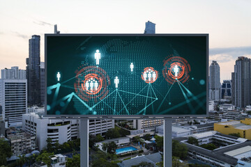 World planet Earth map hologram of social media icons over sunset panoramic cityscape of Bangkok,...