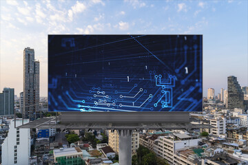 Glowing hologram of technological process on billboard, aerial panoramic cityscape of Bangkok at...