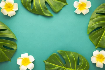 Poster Summer background with tropical frangipani flowers and green tropical palm leaves on green background. Flat lay, top view. Summer party backdrop © Svetlana Kolpakova