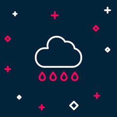 Line Cloud with rain icon isolated on blue background. Rain cloud precipitation with rain drops. Colorful outline concept. Vector