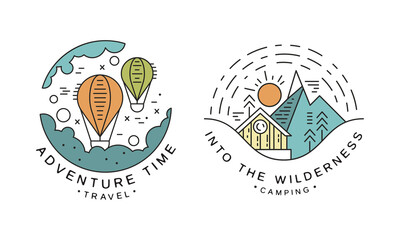 Adventure Time Original Logo Design Set, Into the Wilderness Camping Badges or Labels Cartoon Vector Illustration