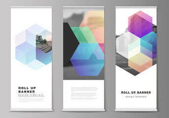 Vector layout of roll up mockup design templates with abstract shapes and colors for vertical flyers, flags design templates, banner stands, advertising design mockups.