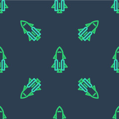 Line Rocket ship with fire icon isolated seamless pattern on blue background. Space travel. Vector