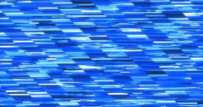 Animated digital rotating multicoloured racing rectangles background shades of blue.