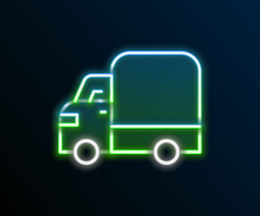 Glowing neon line Delivery cargo truck vehicle icon isolated on black background. Colorful outline concept. Vector