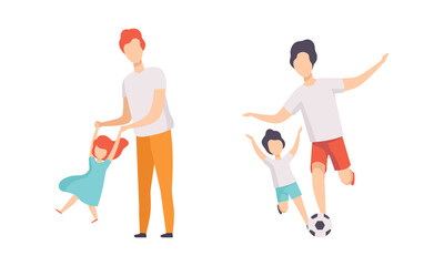 Parents and their Kids Having Good Time Together Set, Dad Swinging Daughter Holding her Hands and Playing Soccer with Son Flat Vector Illustration